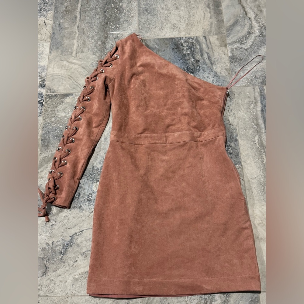 Endless Rose One-Shoulder Lace-Up Sleeve Dress in Rust